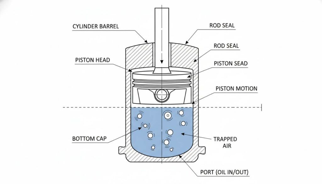 A hydraulic cylinder cutaway view. Inside the blue oil, there are several distinct white bubbles representing trapped air. The piston is pushing down, and the bubbles are shown compressing smaller, while the oil level stays mostly the same.