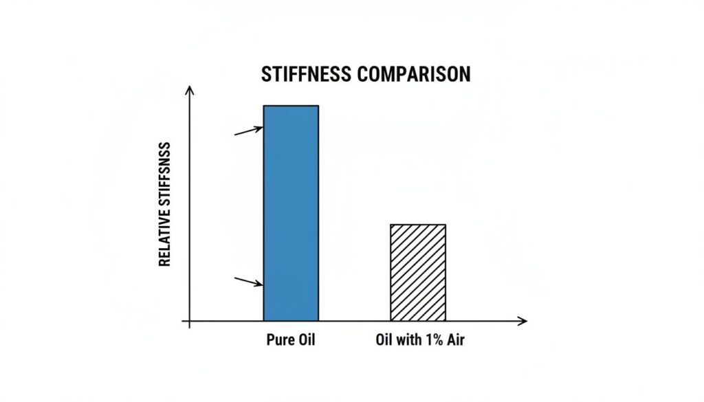 A bar chart comparing stiffness. Bar 1 is tall and blue labeled 'Pure Oil'. Bar 2 is very short and striped labeled 'Oil with 1% Air'. This visually demonstrates the drastic drop in performance.
