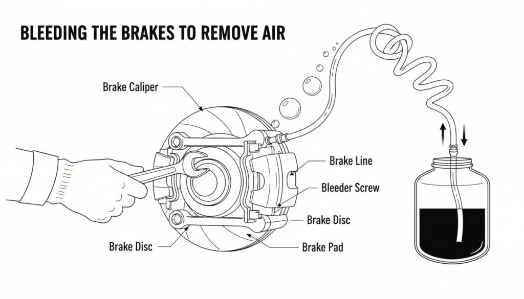 A mechanic working on a car brake caliper. A clear tube is connected to the brake, and bubbles are seen moving out of the tube. Label: 'Bleeding the Brakes to remove air'.