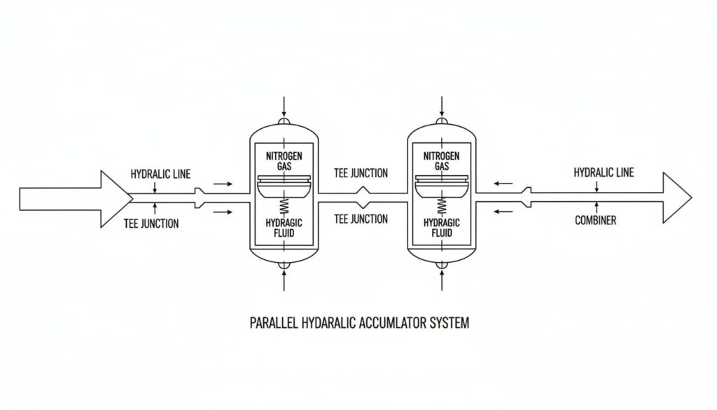 Hydraulic Capacitance in Series and Parallel A schematic diagram of two hydraulic accumulators connected in parallel. The main pipe splits into two branches, with one accumulator on each branch. Arrows show fluid flowing into both simultaneously.