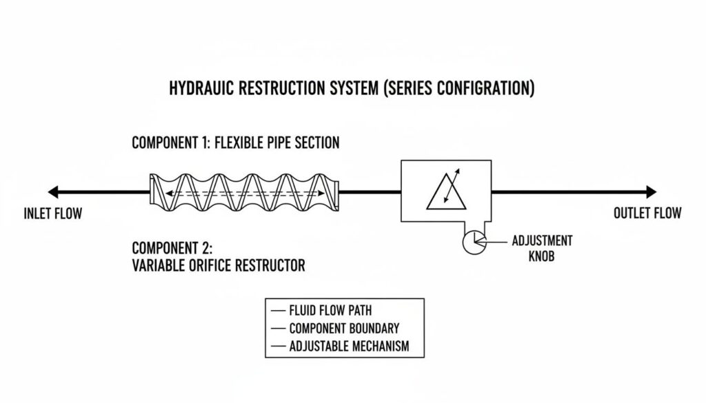 Hydraulic Capacitance in Series and Parallel A schematic diagram of two hydraulic restrictions or flexible pipe sections connected end-to-end (in series). A single line goes through component 1 and then immediately into component 2.