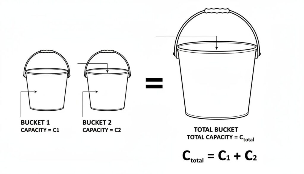 Hydraulic Capacitance in Series and Parallel An illustration comparing two small buckets next to each other versus one giant bucket. The giant bucket represents the sum of the two small ones, illustrating C_total = C1 + C2.