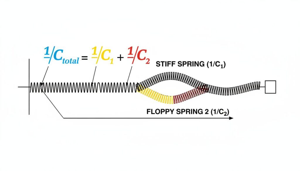 Hydraulic Capacitance in Series and Parallel A math visual aid showing the equation 1/C_total = 1/C1 + 1/C2. Use bright colors to highlight the fractions. Next to it, show a "stiff" spring made by connecting two floppy springs end-to-end.