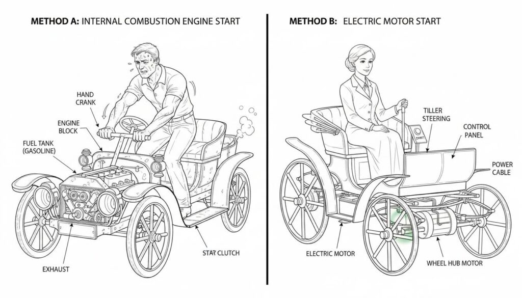 Early Electric Motor Start vs Internal Combustion Engine Start comparison - History of Electric Vehicles