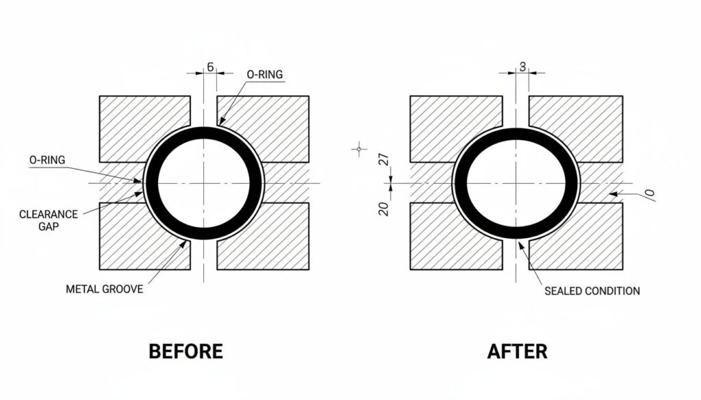 Close-up zoom of a black rubber O-ring sitting in a metal groove. Show a 'Before' view (round shape) and an 'After' view (squished shape sealing the gap).