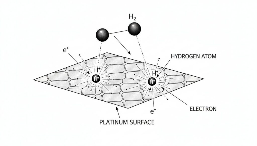 Phosphoric Acid Fuel Cells (PAFC) Hydrogen molecule (two joined spheres) hitting a Platinum surface and breaking into two separate protons and two glowing electrons