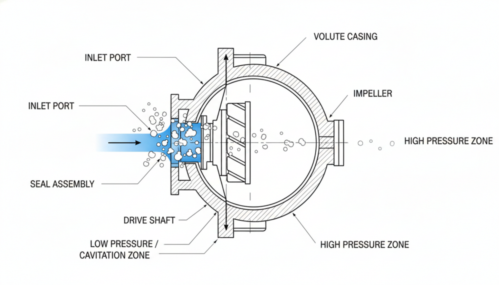 A cross-section view of a hydraulic pump. Show blue liquid entering the inlet. Show white bubbles forming near the inlet where pressure is low. Show the bubbles disappearing/collapsing as they move to the outlet side.