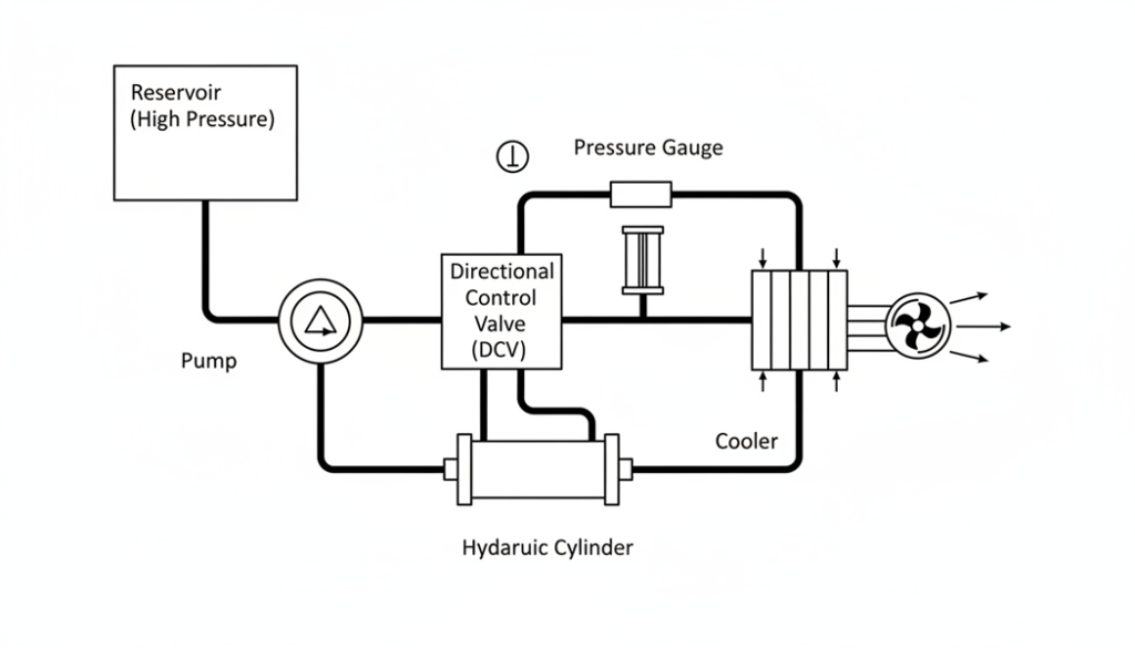 A diagram of a hydraulic system layout. Show a reservoir tank located physically higher than the pump. Draw a 'Cooler' with a fan blowing on the pipes to keep the oil temperature down.