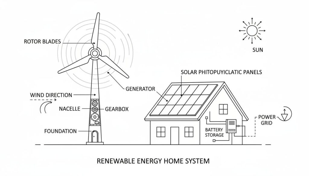 wind turbine spinning next to a house with solar panels on the roof