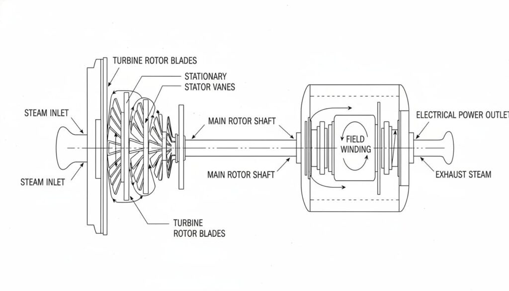 steam turbine connected to a generator.