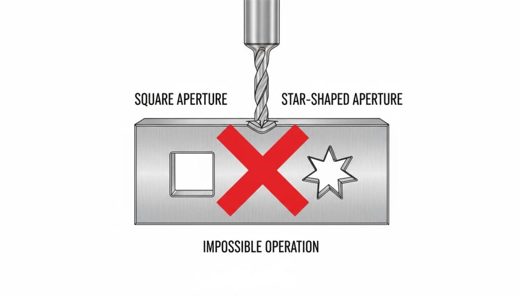 technical diagram of a metal block with a perfect square hole and a star-shaped hole. Next to it, a standard drill bit hovering over the holes with a red 'X' indicating it cannot do this.
