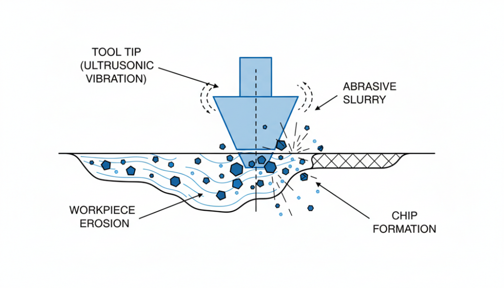 Close-up zoom diagram of the cutting zone. Show the tool tip vibrating, abrasive grains suspended in liquid (slurry), and the grains chipping away the workpiece surface.