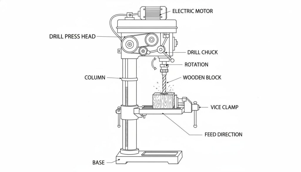 Conventional vs. Unconventional Machining: How We Cut Metal A workshop scene showing a drill press making a hole in a wooden block. Simple and clear.