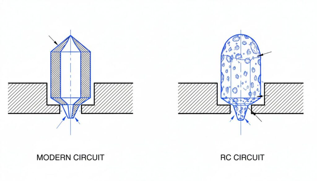 A close-up illustration comparing two EDM electrodes. The left one is labeled 'Modern Circuit' and looks sharp. The right one is labeled 'RC Circuit' and looks pitted, worn down, and rounded at the tip.