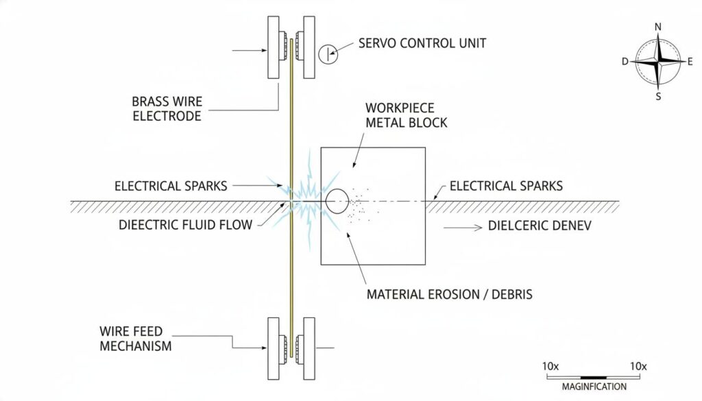 Conventional vs. Unconventional Machining: How We Cut Metal Close up of an EDM machine. A brass wire is near a metal block, and blue sparks are jumping between them, eroding the metal.