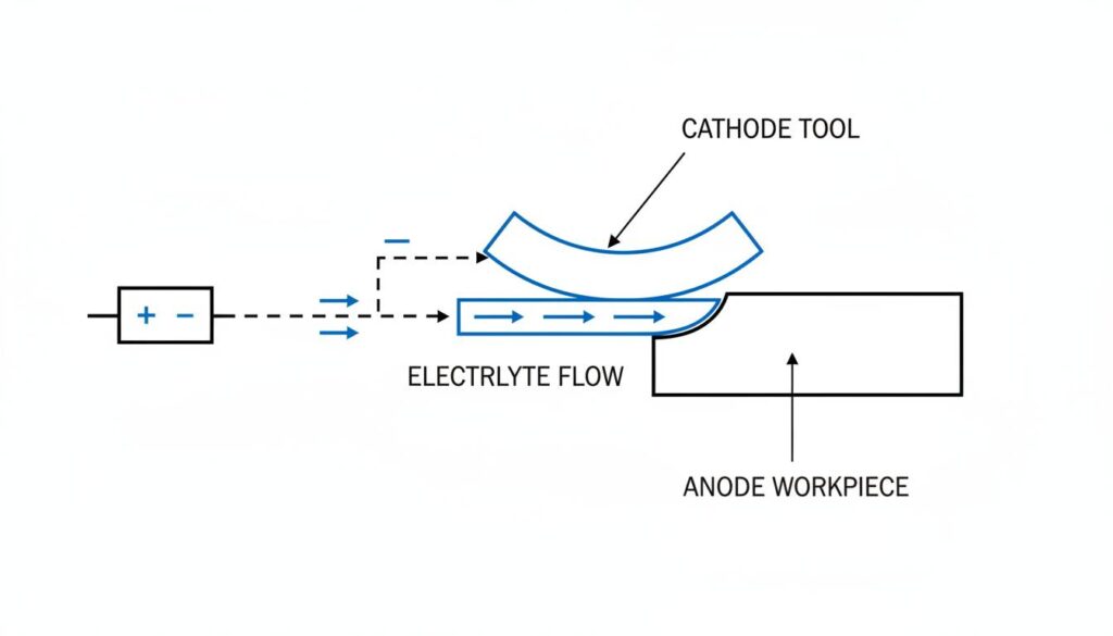 Schematic of Electrochemical Machining. Shows a cathode tool shaped like a curve and an anode workpiece. Electrolyte fluid flows between them. Power supply connects positive to workpiece and negative to tool.