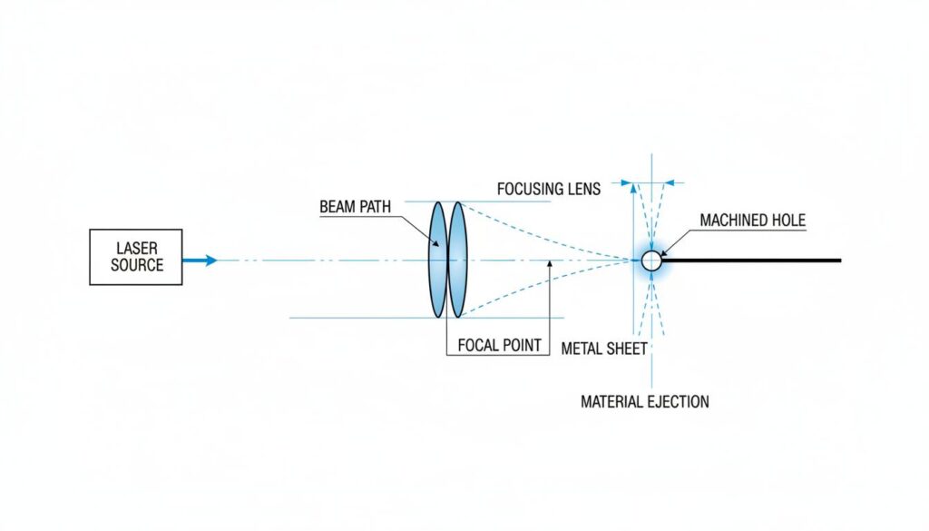 Schematic of Laser Beam Machining. Shows a laser source, a lens focusing the beam into an hourglass shape, and the focal point hitting a metal sheet, creating a hole.