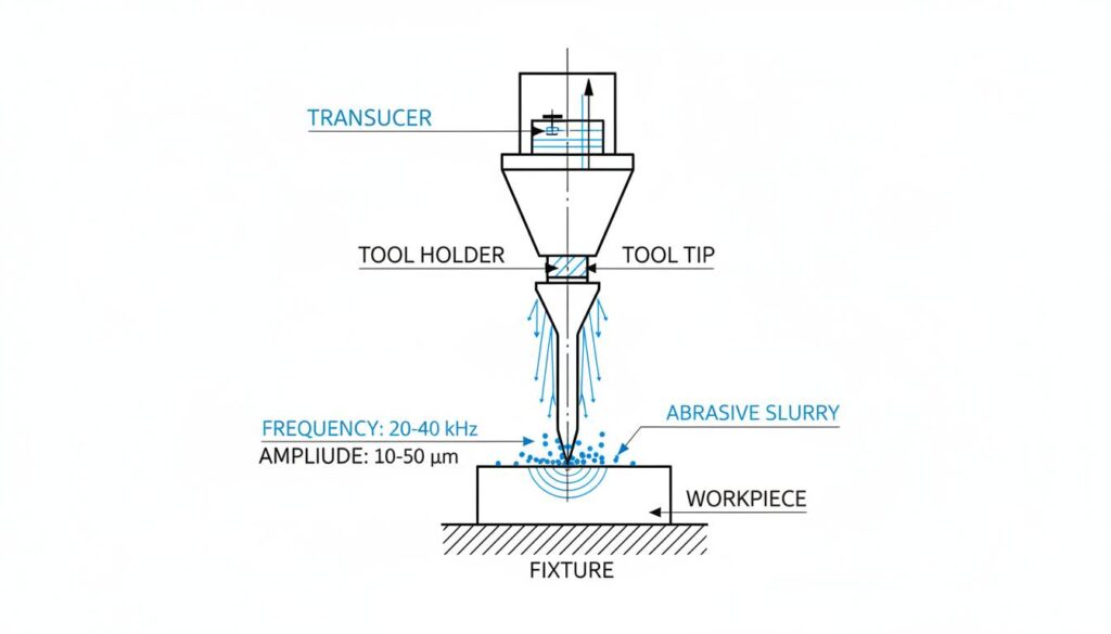 Technical schematic of Ultrasonic Machining. Shows a transducer at the top, a tool holder, and a tool tip vibrating against a workpiece. Small dots representing abrasive slurry are between the tool and the workpiece.