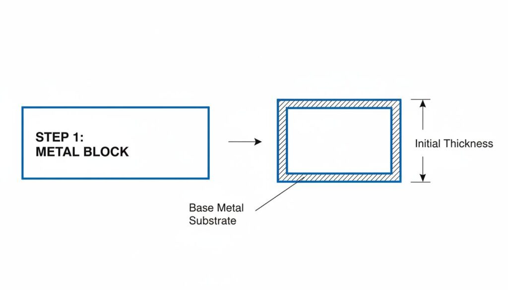 Step-by-step diagram of Chemical Milling. Step 1: Metal block. Step 2: Masking applied to specific areas. Step 3: Block submerged in a tank of acid (etchant). Step 4: Mask removed, showing material removed from unmasked areas.
