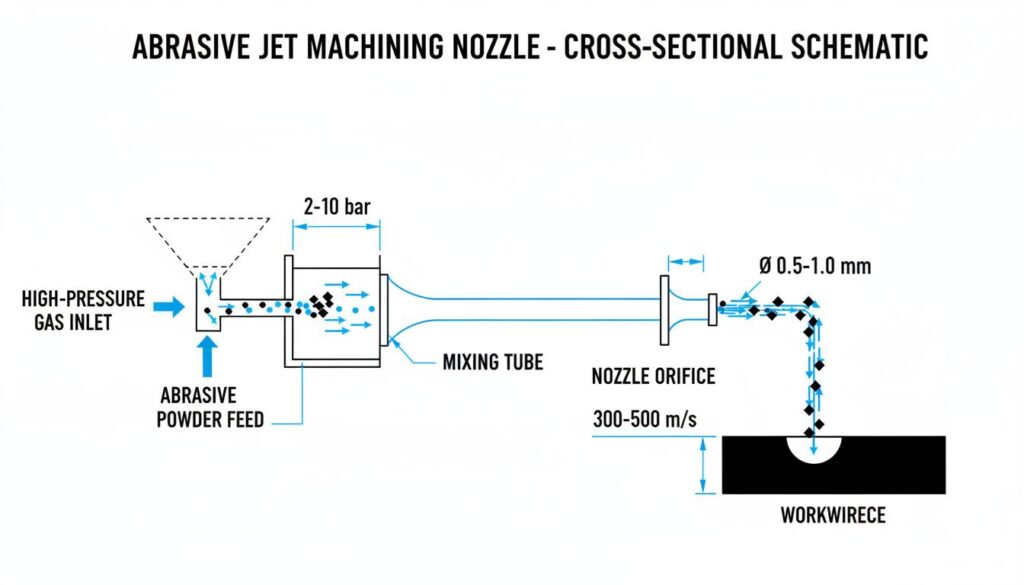 Cross-section diagram of an Abrasive Jet Machining nozzle. Shows high-pressure gas entering, mixing with abrasive powder, and exiting a narrow nozzle to hit a workpiece plate.