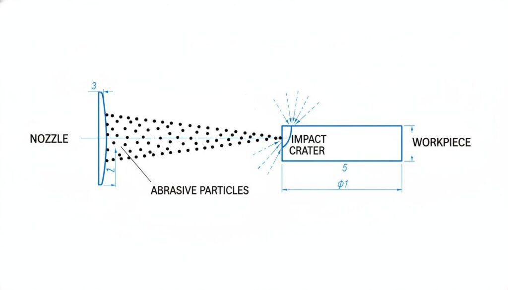 A simple 2D cartoon-style diagram showing a nozzle shooting a stream of dots (sand) against a flat block (workpiece), creating a small dent or hole.