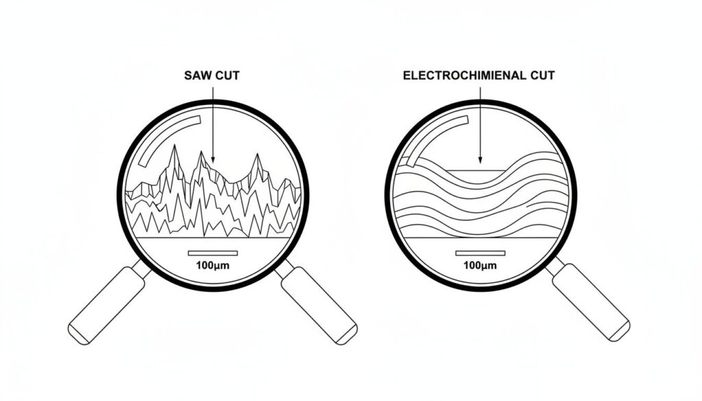 A side-by-side comparison of two metal surfaces under a magnifying glass. Left: Rough, jagged surface labeled 'Saw Cut'. Right: Smooth, wavy surface labeled 'Electrochemical Cut'.