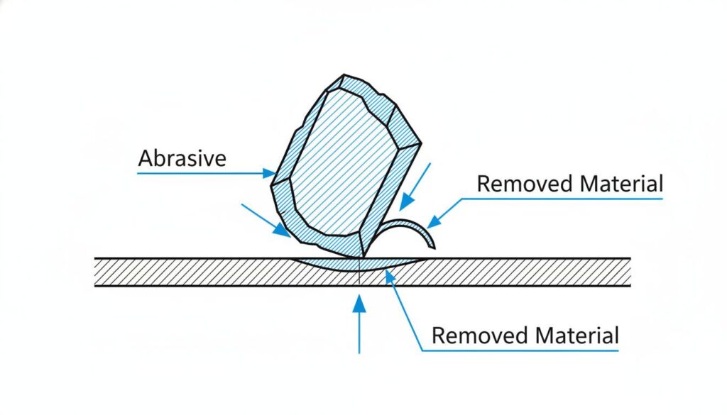 A close-up schematic view of a single abrasive particle hitting a surface and chipping off a tiny piece of material. Label the particle 'Abrasive' and the chip 'Removed Material'.