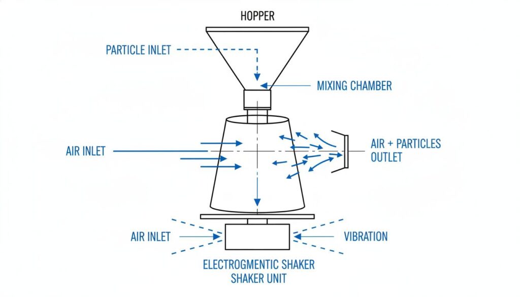 A schematic of a mixing chamber. Show a funnel shape (hopper) on top, an electromagnetic shaker at the bottom, and air flowing through to pick up particles.