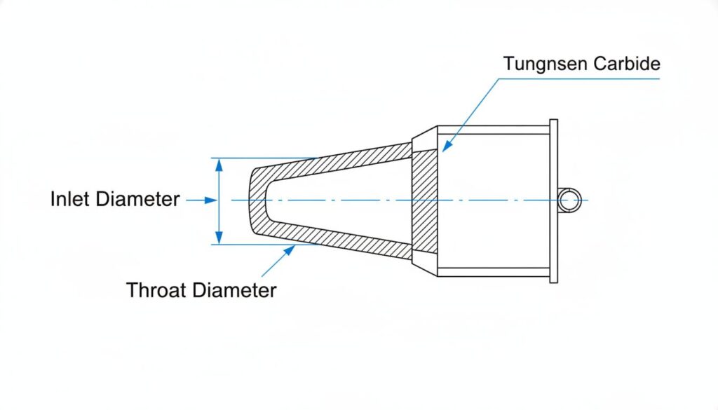 A cross-section technical drawing of a nozzle. Show the internal cone shape narrowing down to a small exit hole. Label the material 'Tungsten Carbide'.