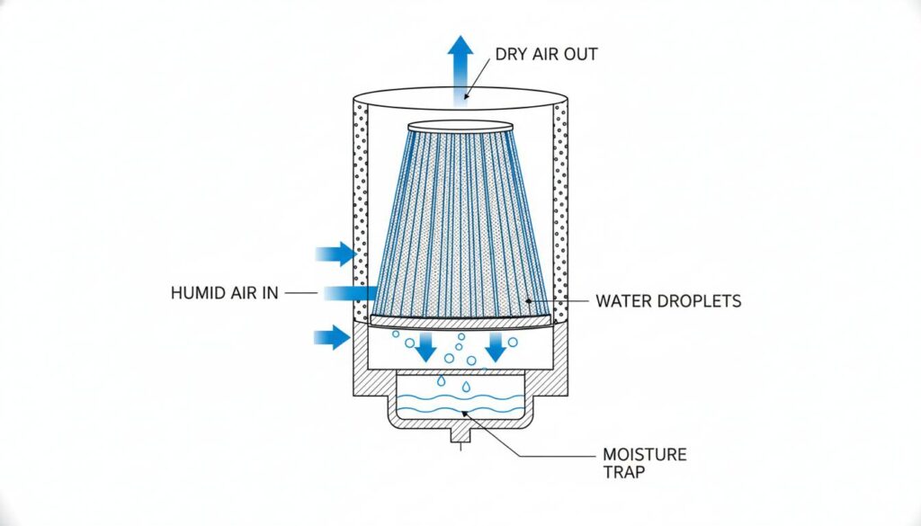 A cross-section diagram of an air filter showing moisture being trapped at the bottom and dry air moving out the top.