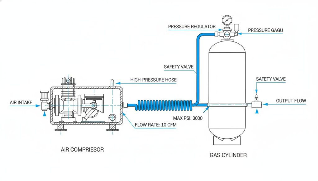 A technical diagram of an air compressor connected to a gas cylinder. Simple lines, clear labels.