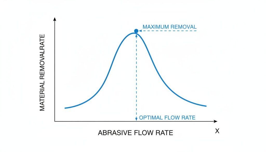 A simple line graph. The X-axis is 'Abrasive Flow Rate'. The Y-axis is 'Material Removal Rate'. The line goes up, reaches a peak (hill top), and then starts to go down.