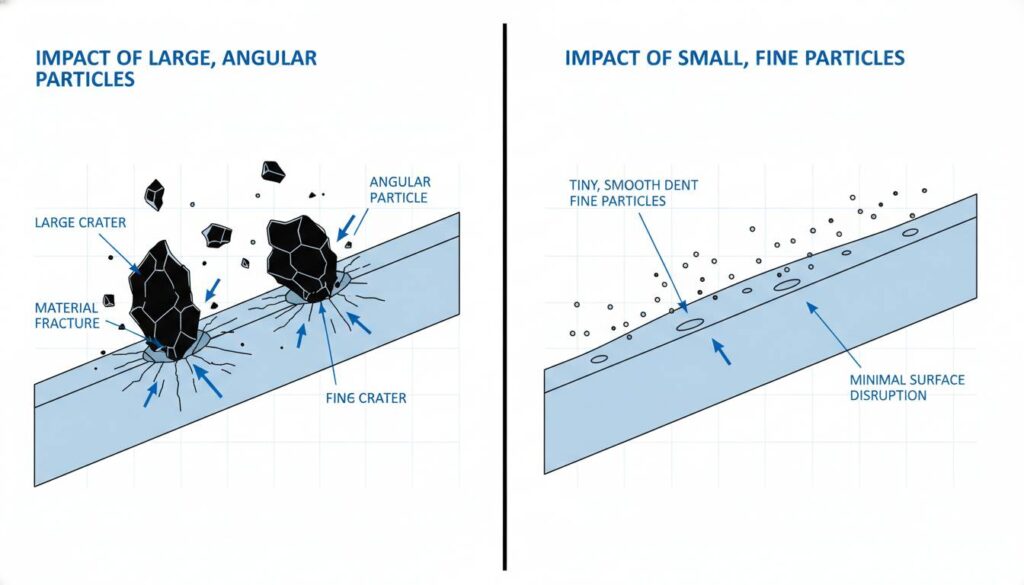 A split-screen comparison illustration. Left side: Large jagged particles hitting a surface creating deep craters. Right side: Small fine particles hitting a surface creating tiny, smooth dents.