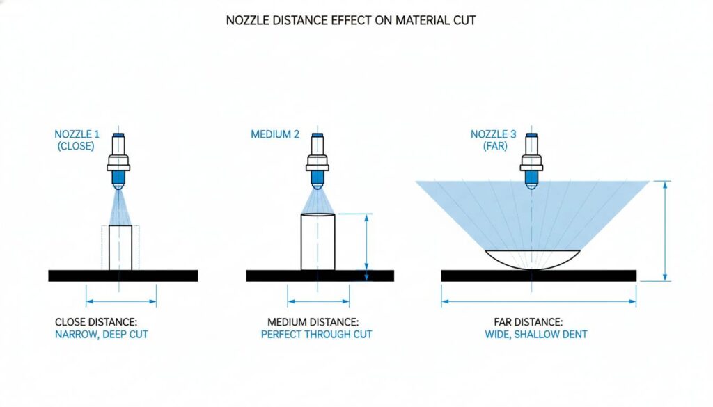 A diagram showing three nozzles at different distances from a flat plate. Nozzle 1 is close (narrow deep hole). Nozzle 2 is medium (perfect cut). Nozzle 3 is far (wide shallow dent). Show the spray cone widening.
