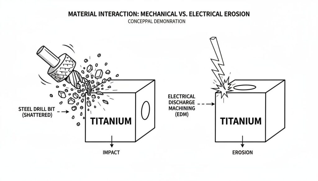 illustration showing a steel drill bit shattering against a block labeled 'Titanium', while next to it, a glowing electrical spark easily eats a hole into the same block.