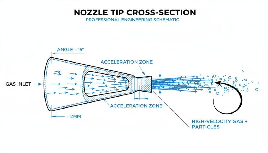 A cross-section technical drawing of a nozzle tip. Show arrows representing gas velocity increasing as the nozzle narrows, blasting particles out
