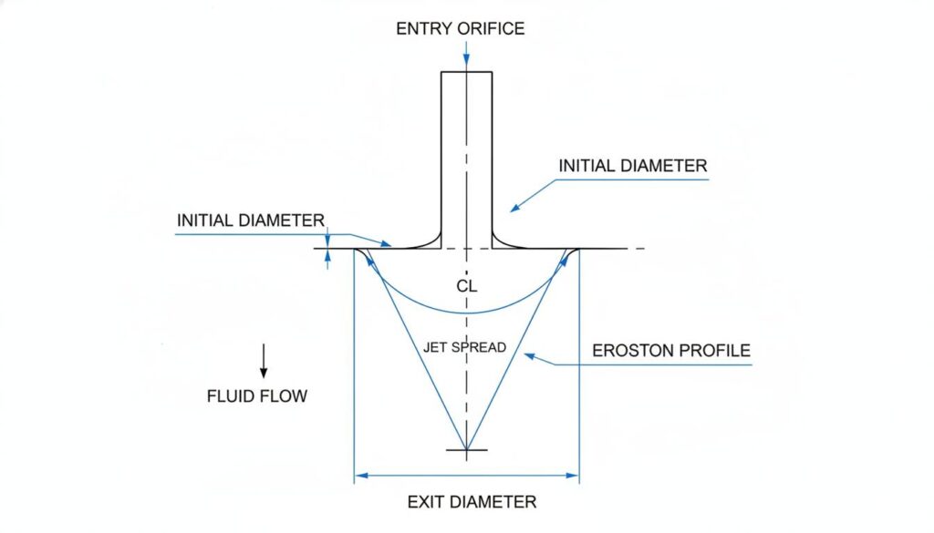 A close-up engineering drawing of a cut profile (cross-section of a hole). Show how the hole is straight at the top but gets wider at the bottom due to the jet spreading out.