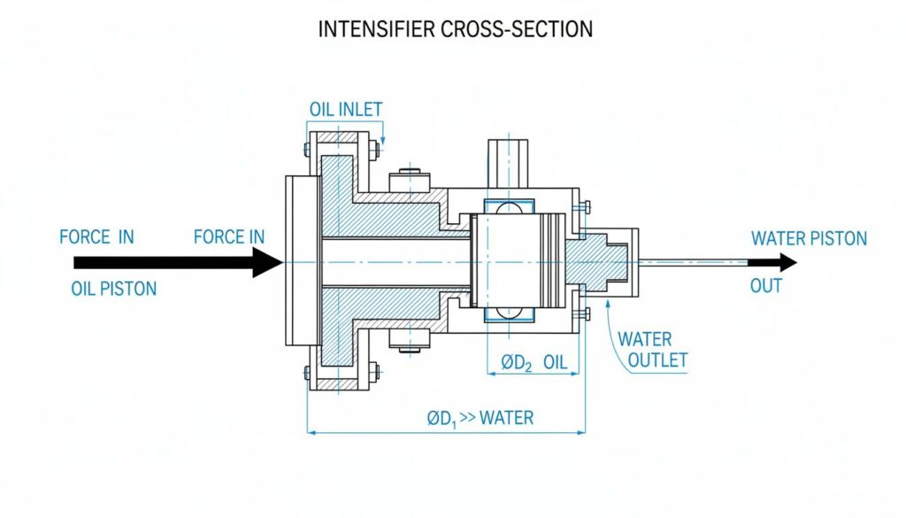A cross-section diagram of an Intensifier. Show a large piston on the left labeled 'Oil Piston' pushing a much thinner piston on the right labeled 'Water Piston'. Use arrows to show force direction.