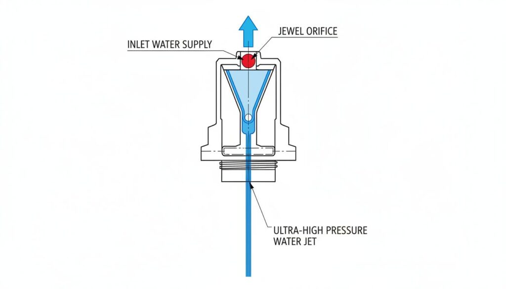 A close-up cross-section of a Water Jet Nozzle. Show the 'Jewel Orifice' (a small red ruby) at the top, focusing the blue water into a very thin, straight line exiting the bottom.