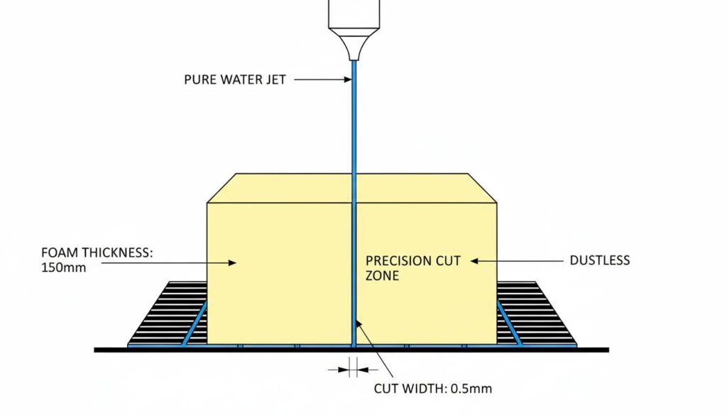 A photo-realistic illustration of a Pure Water Jet cutting through a thick piece of yellow foam. The cut should be clean with no dust.