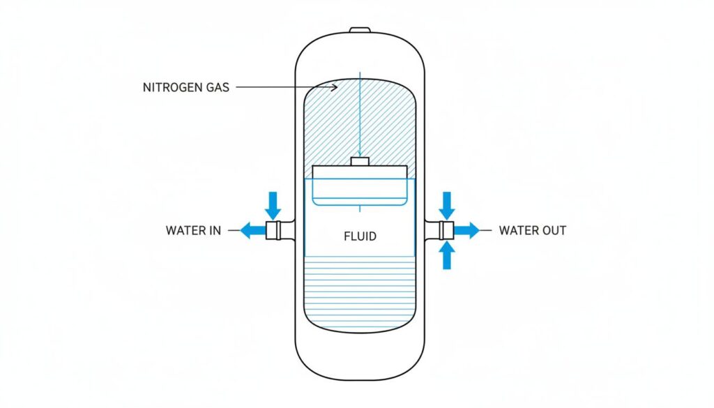 A technical illustration of a cylindrical Accumulator. It should look like a tall, thick metal bottle. Show water entering one side and exiting smoothly from the other.