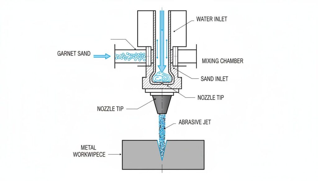 A diagram of an Abrasive Nozzle. Show the water stream coming down, a side tube feeding 'Garnet Sand' into the stream, and the mixture exiting the tip to cut a grey metal plate.