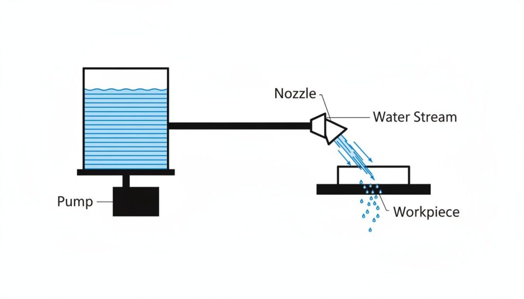A simple 2D schematic diagram of a Water Jet Machining system. Show a water tank, a high-pressure pump, a tube leading to a nozzle, and a high-speed water stream hitting a workpiece. Label the parts clearly: Pump, Nozzle, Water Stream, Workpiece.