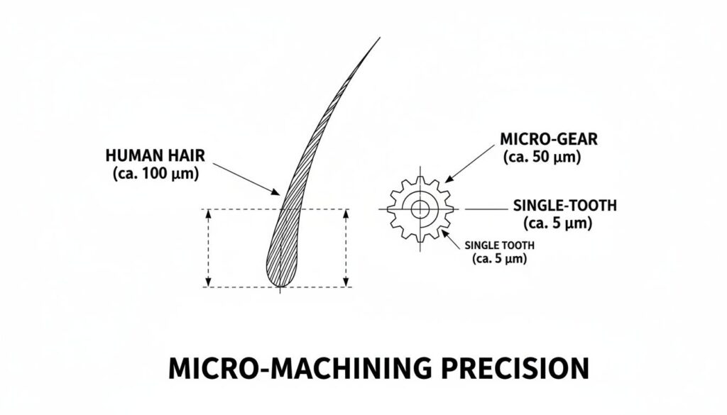A magnified view of a human hair next to a micro-machined gear. The gear is smaller than the width of the hair. Label the image 'Micro-machining Precision'.