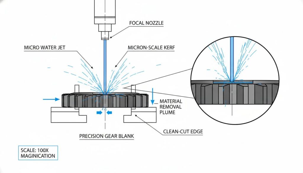 A magnified view of a 'Micro Water Jet' cut. Show a tiny gear smaller than a penny being cut, highlighting the extreme precision.