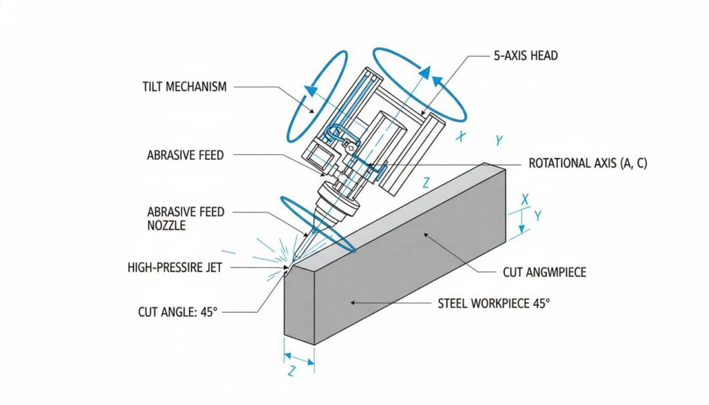 A magnified view of a 'Micro Water Jet' cut. Show a tiny gear smaller than a penny being cut, highlighting the extreme precision.
