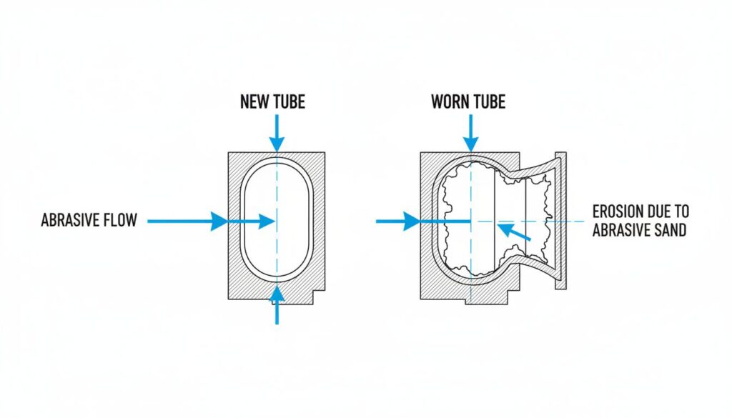 An illustration of a worn-out mixing tube nozzle cut in half. Show how the inside of the tube has been eroded and widened by the abrasive sand over time compared to a new tube.