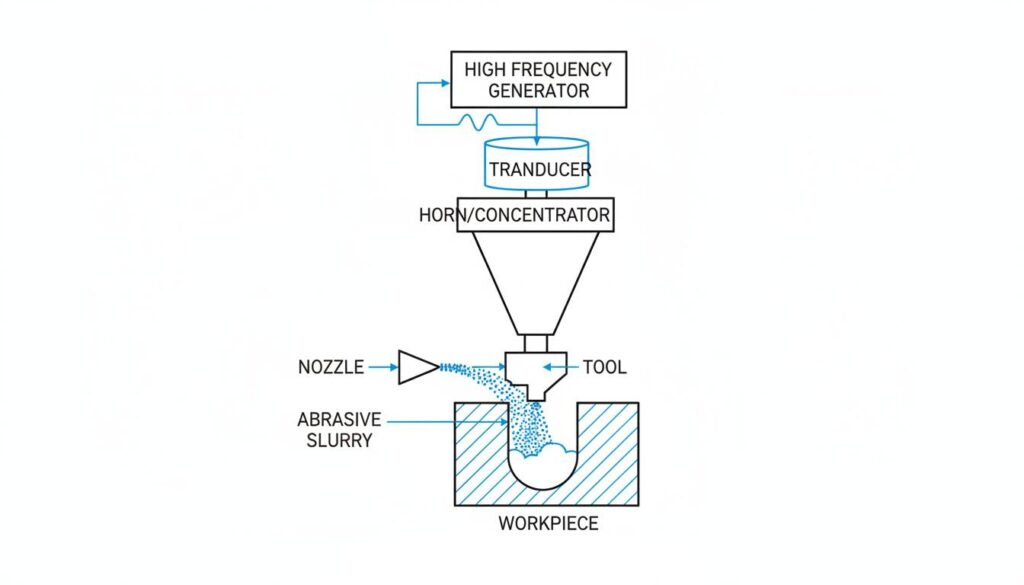 A labeled block diagram of an Ultrasonic Machining setup. Labels should point to: High Frequency Generator, Transducer, Horn/Concentrator, Tool, Nozzle, Abrasive Slurry, and Workpiece.