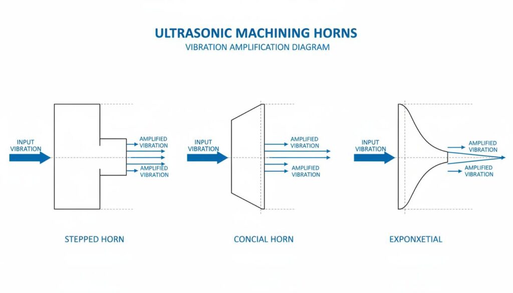 A technical drawing of different shapes of horns used in ultrasonic machining: Stepped, Conical, and Exponential. Show how the vibration amplitude increases at the narrow end.