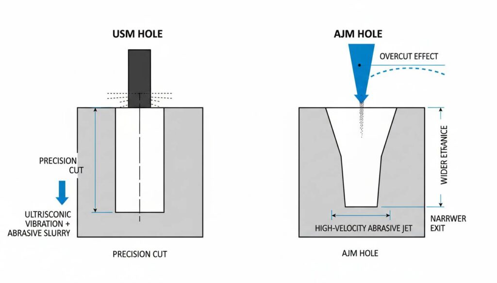 A close-up technical diagram showing the "Overcut" effect. Show a USM hole being very straight and precise, while an AJM hole has tapered/slanted edges due to the spreading jet.